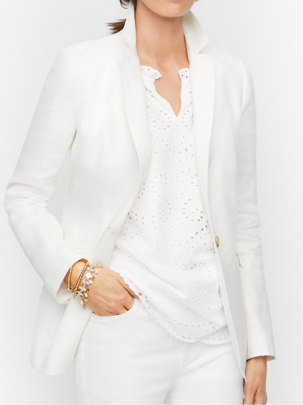 Talbots Sz 10 Blazer off White Notch-Collar Single-Button Linen Jacket Classic